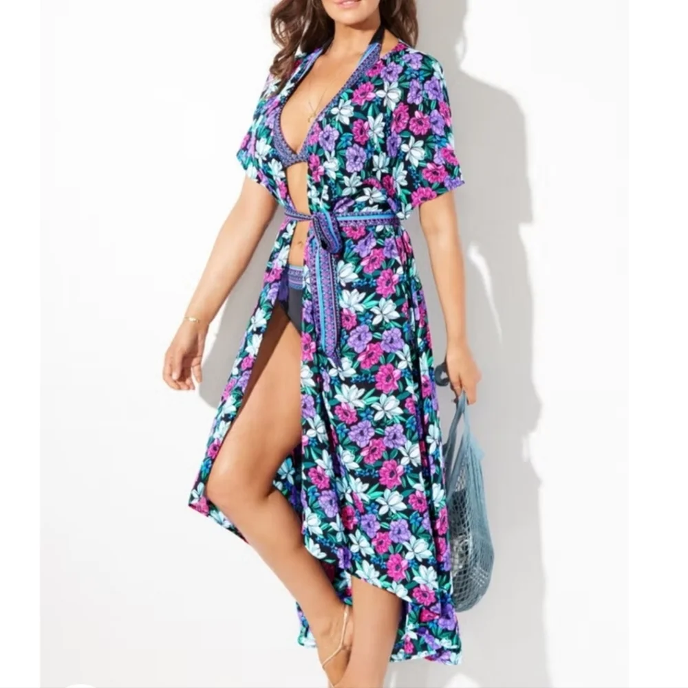 Swimsuits For All Chloe Tie-Front Swim Cover Up Duster Size 22/24 Floral Belted